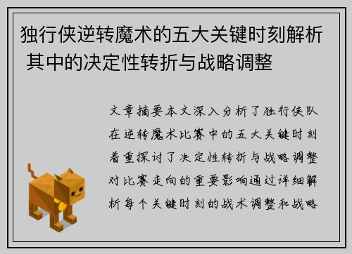 独行侠逆转魔术的五大关键时刻解析 其中的决定性转折与战略调整