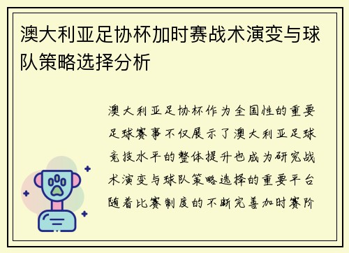 澳大利亚足协杯加时赛战术演变与球队策略选择分析 澳大利亚足协杯加时赛战术演变与球队策略选择分析