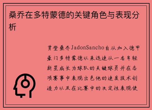 桑乔在多特蒙德的关键角色与表现分析